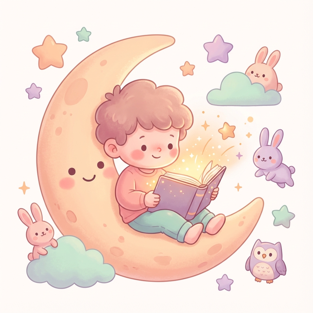 Child reading magical stories on the moon